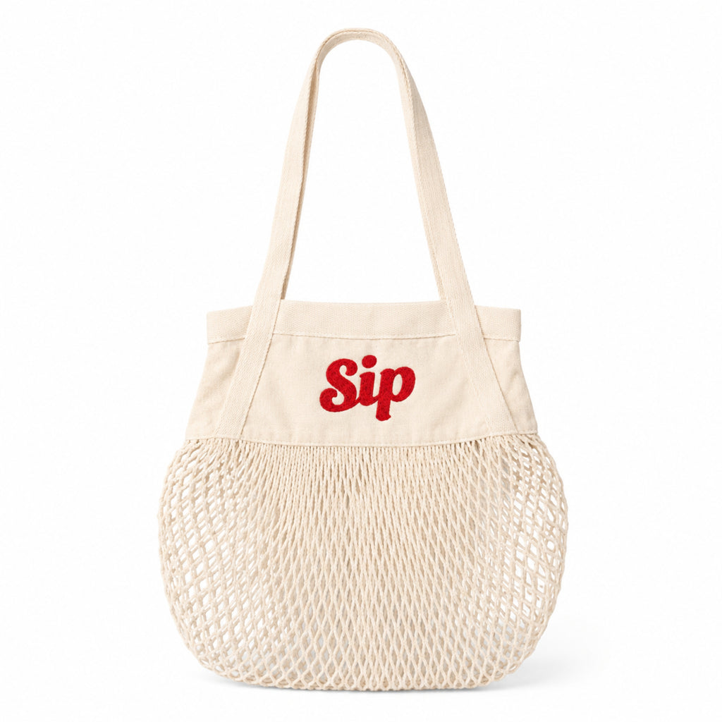 Cream cotton mesh Sip tote bag with red embroidered logo
