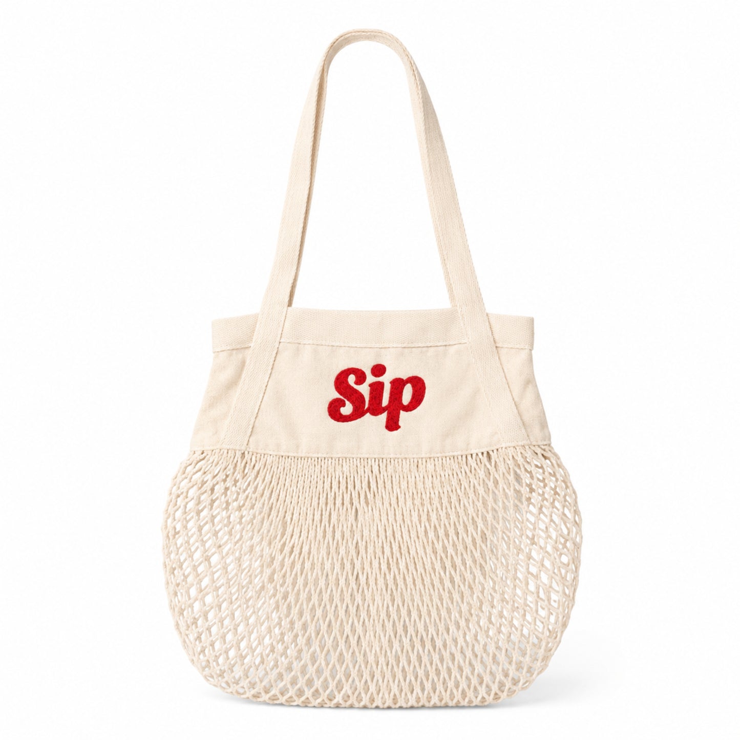 Cream cotton mesh Sip tote bag with red embroidered logo