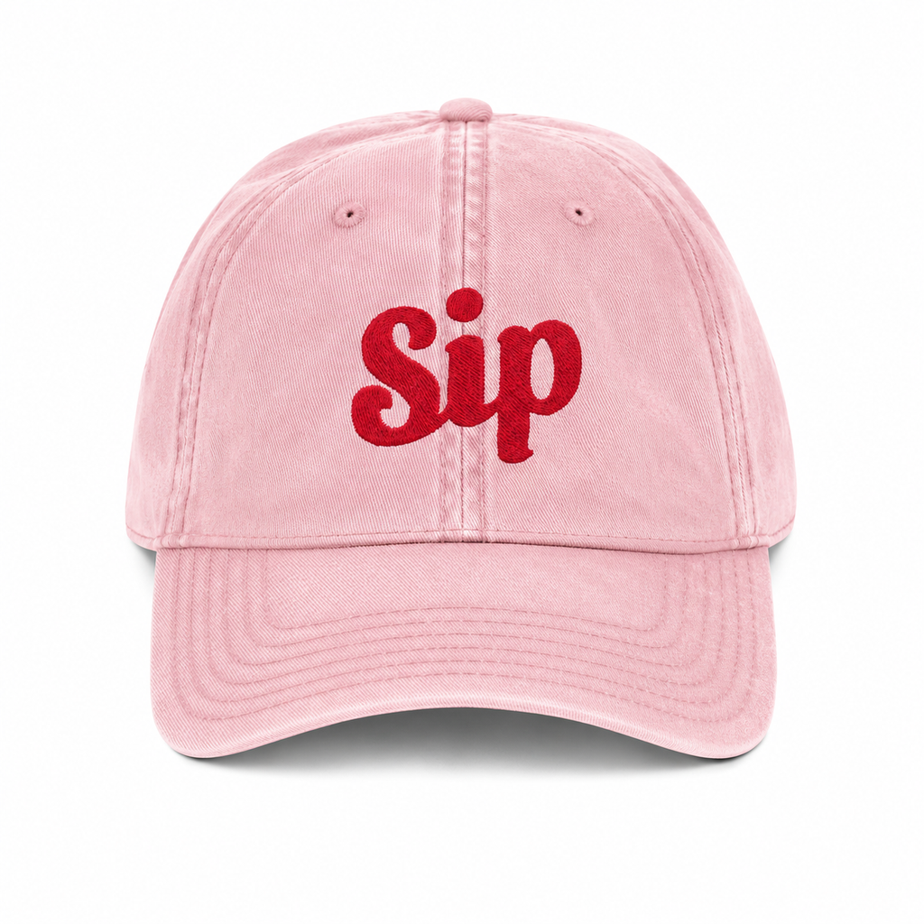 Pink Sip baseball cap with red embroidered Sip logo