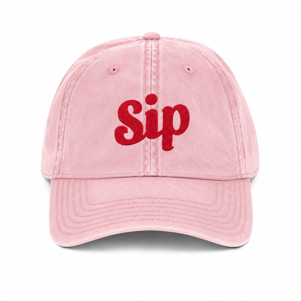 Pink Sip baseball cap with red embroidered Sip logo