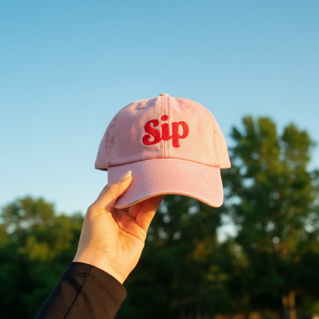 Pink Sip baseball cap with red embroidered logo, held up against a blue sky